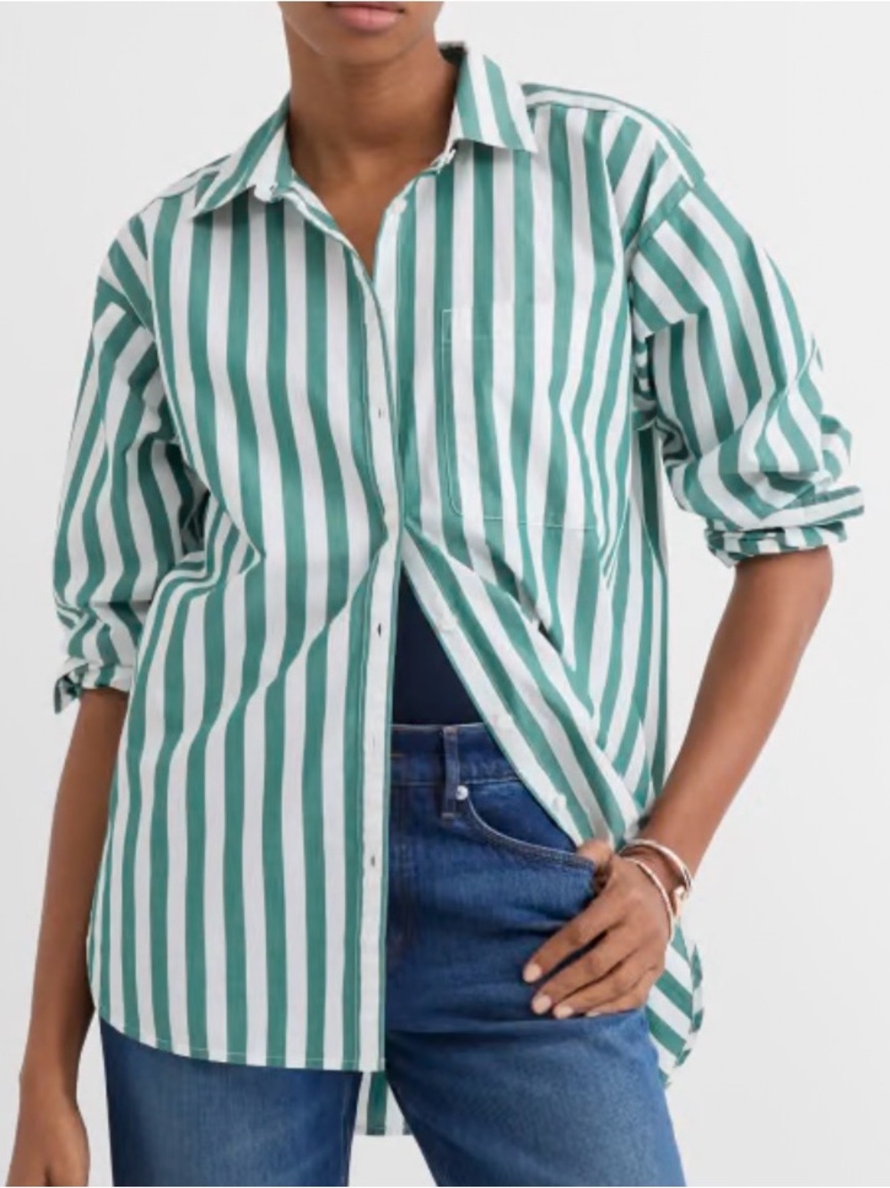 NWT Loft Green White Striped Poplin Everyday Oversized Long Sleeve Shirt Small P